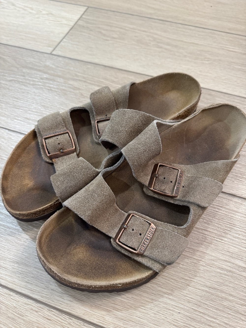 Birkenstock Suede Double-Buckle Sandals in Taupe Brown